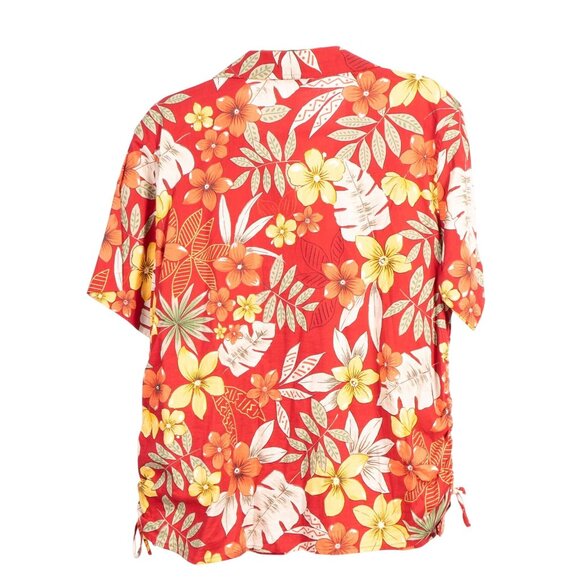 Pappagallo Hawaiian Shirt Womens XL Red Floral Ruched Drawstring Side Buttons - Picture 6 of 6